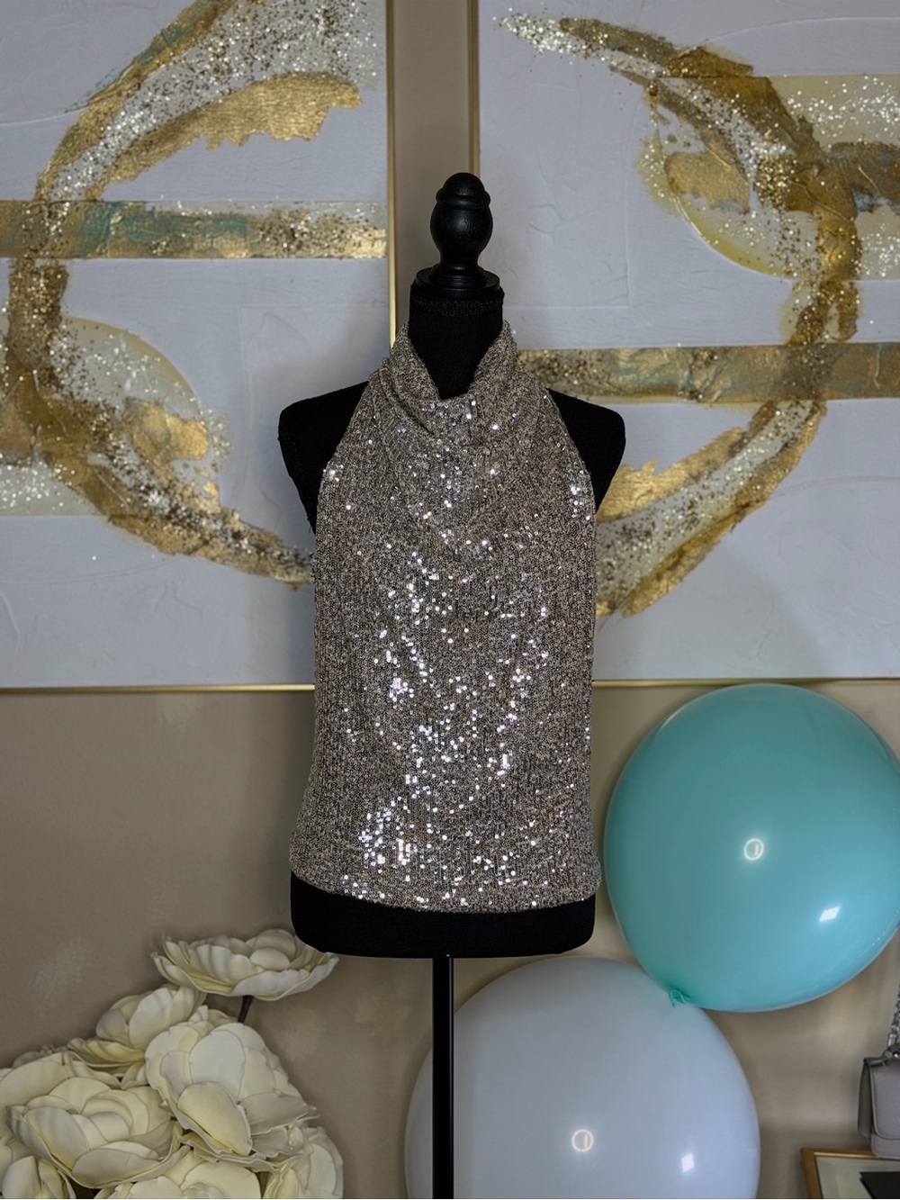 Gianni Bini Sequin Halter Tank Top - Silver